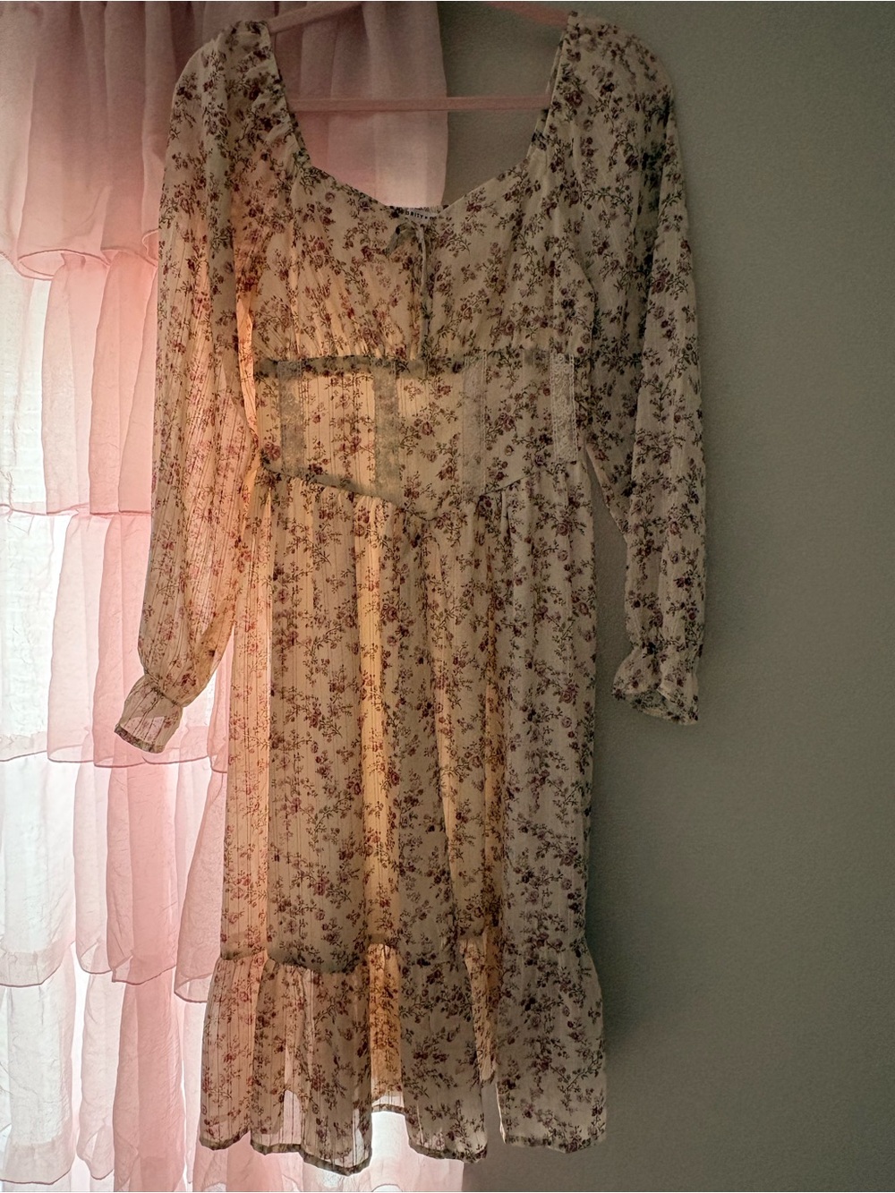Floral Long Sleeve Cream Midi Dress